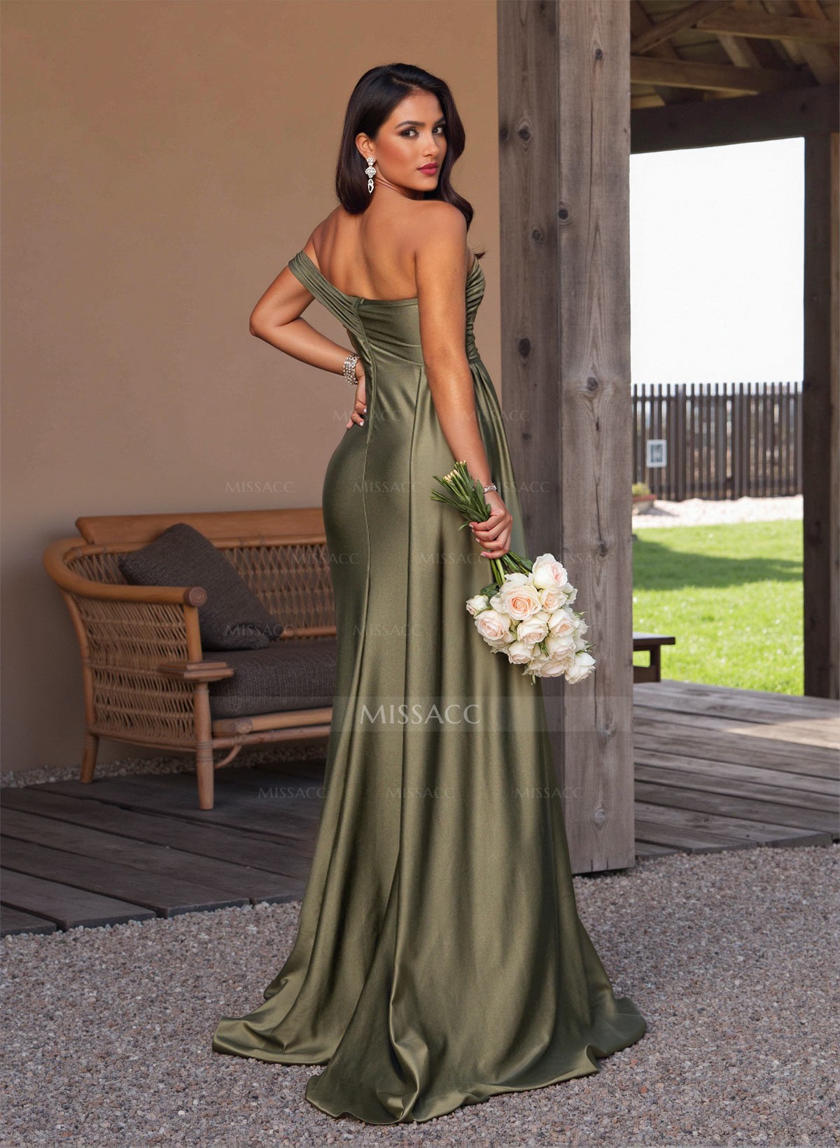 Modest Trumpet Ruched One-Shoulder Bridesmaid Dresses With Sweeping Side Drape