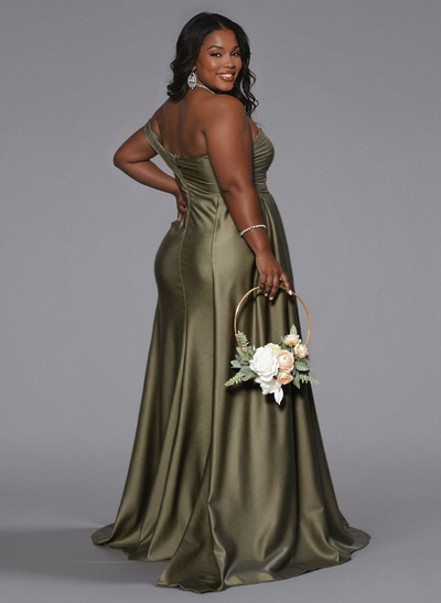 Modest Trumpet Ruched One-Shoulder Bridesmaid Dresses With Sweeping Side Drape