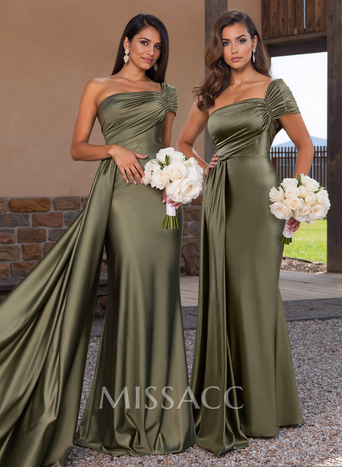 Modest Trumpet Ruched One-Shoulder Bridesmaid Dresses With Sweeping Side Drape Modest Trumpet Ruched One-Shoulder Bridesmaid Dresses With Sweeping Side Drape
