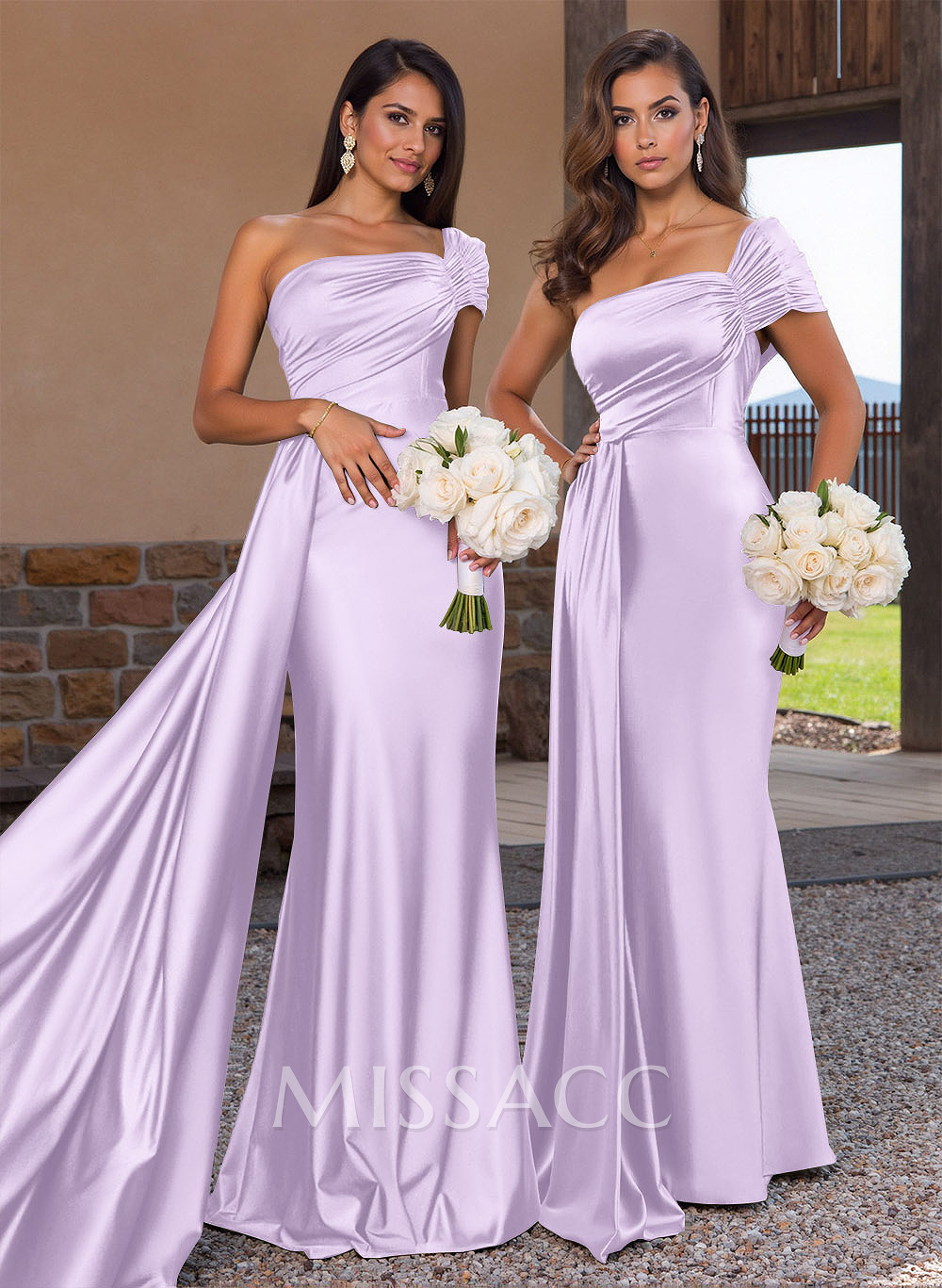 Modest Trumpet Ruched One-Shoulder Bridesmaid Dresses With Sweeping Side Drape Modest Trumpet Ruched One-Shoulder Bridesmaid Dresses With Sweeping Side Drape