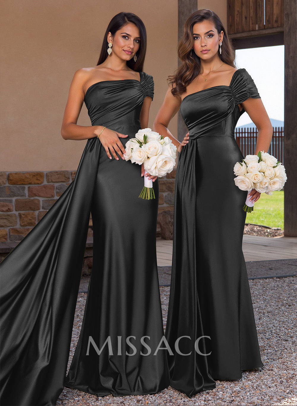 Modest Trumpet Ruched One-Shoulder Bridesmaid Dresses With Sweeping Side Drape Modest Trumpet Ruched One-Shoulder Bridesmaid Dresses With Sweeping Side Drape
