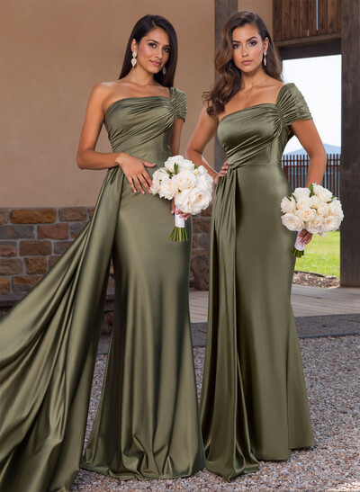 Modest Trumpet Ruched One-Shoulder Bridesmaid Dresses With Sweeping Side Drape