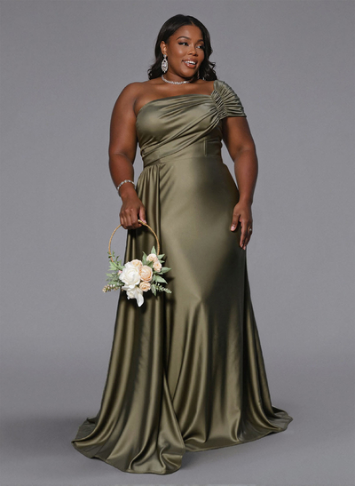 Modest Trumpet Ruched One-Shoulder Bridesmaid Dresses With Sweeping Side Drape