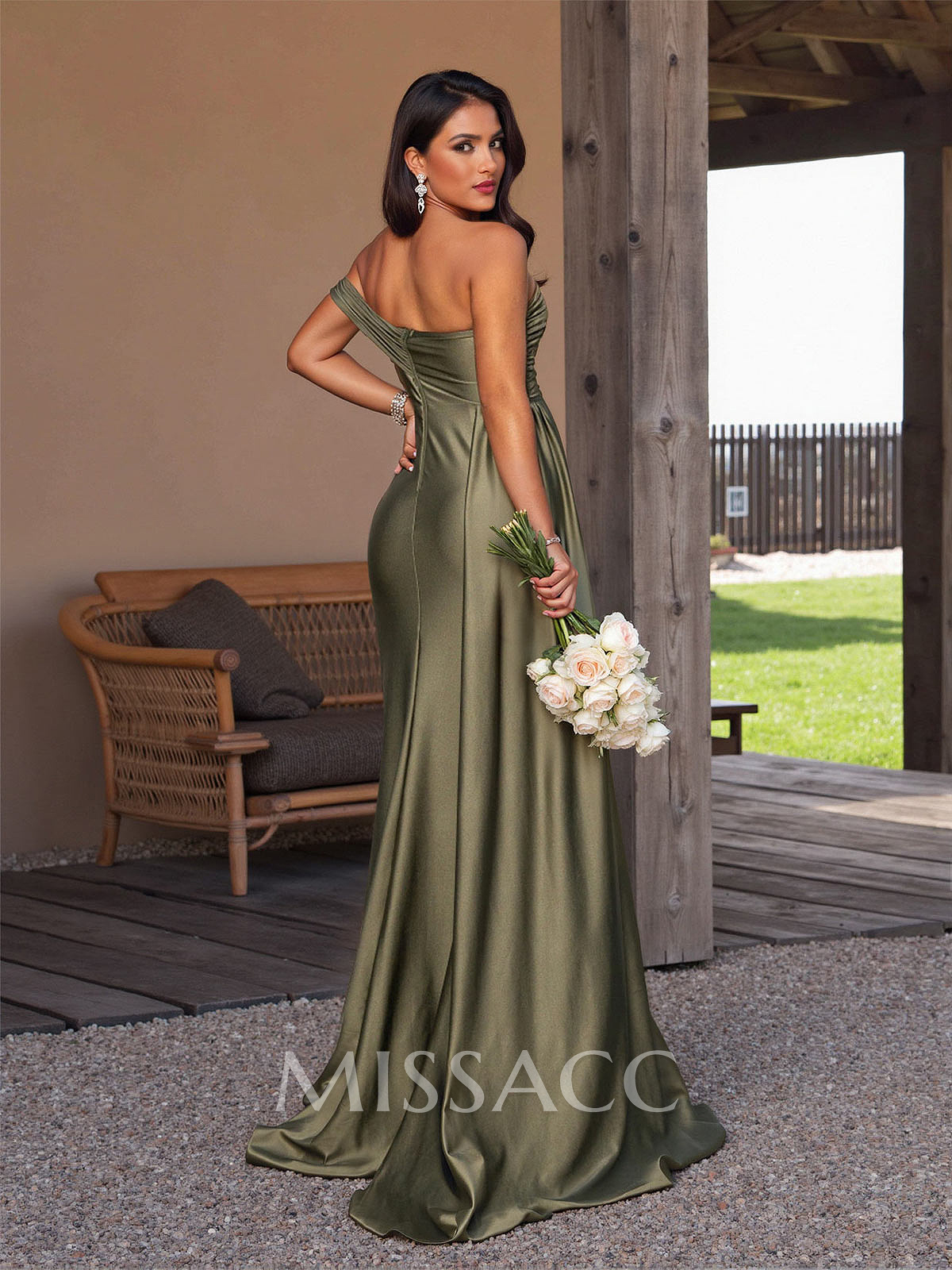 Modest Trumpet Ruched One-Shoulder Bridesmaid Dresses With Sweeping Side Drape