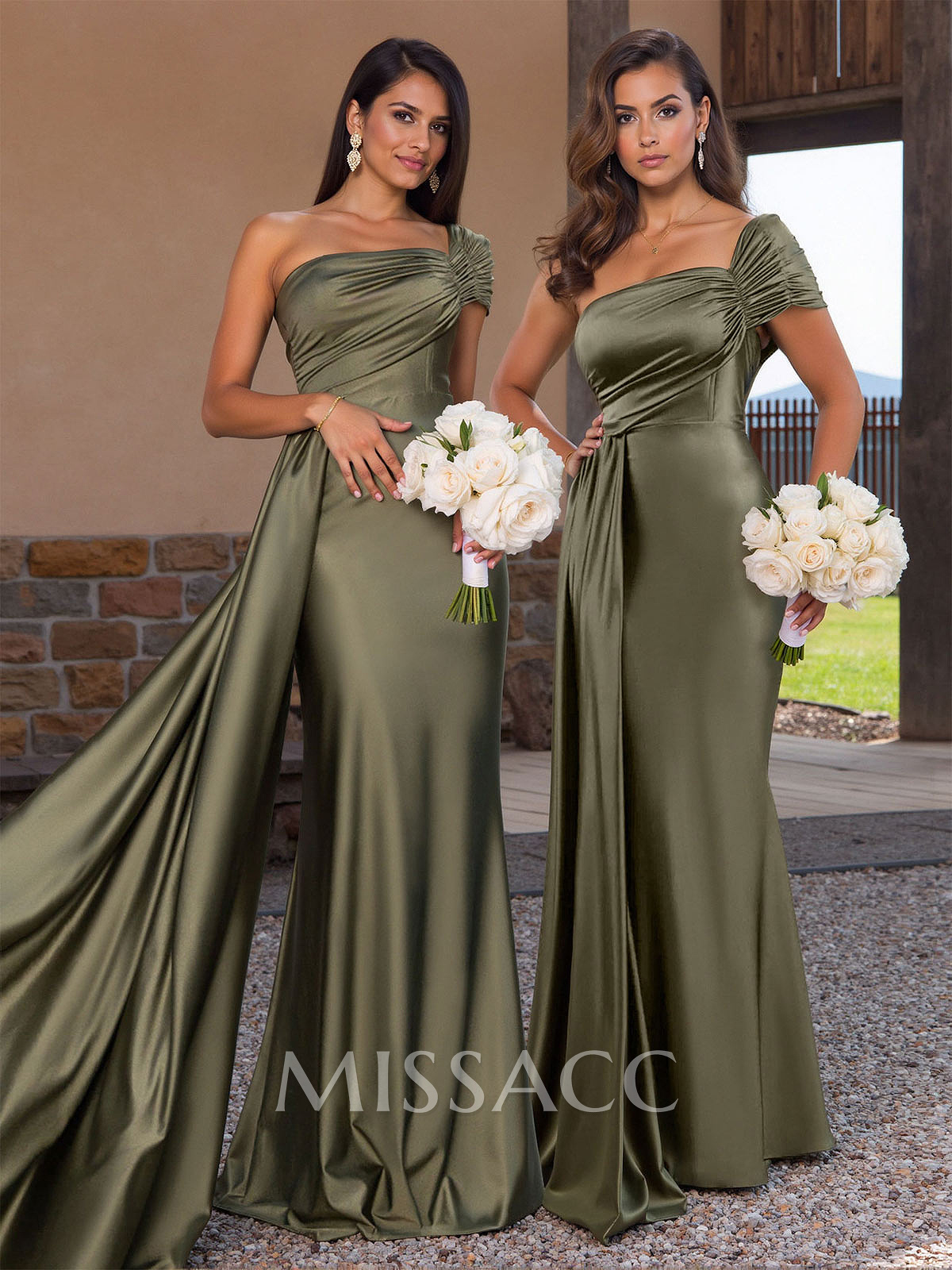 Modest Trumpet Ruched One-Shoulder Bridesmaid Dresses With Sweeping Side Drape