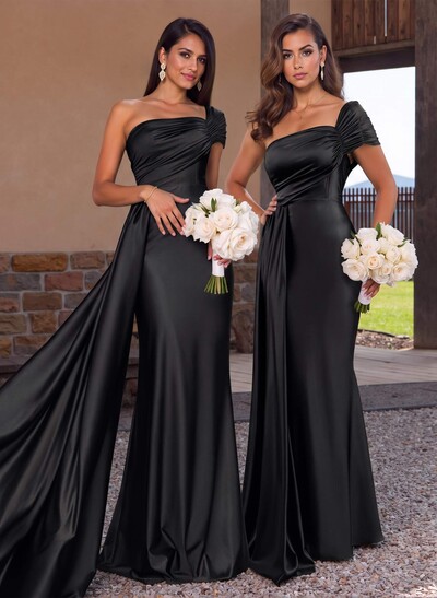 Modest Trumpet Ruched One-Shoulder Bridesmaid Dresses With Sweeping Side Drape
