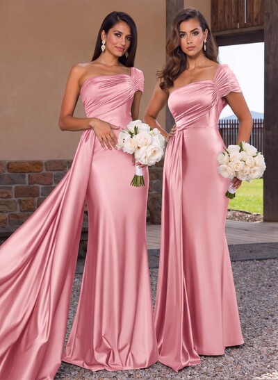 Modest Trumpet Ruched One-Shoulder Bridesmaid Dresses With Sweeping Side Drape