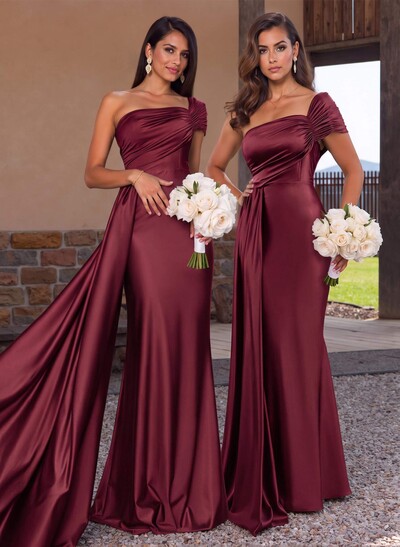Modest Trumpet Ruched One-Shoulder Bridesmaid Dresses With Sweeping Side Drape