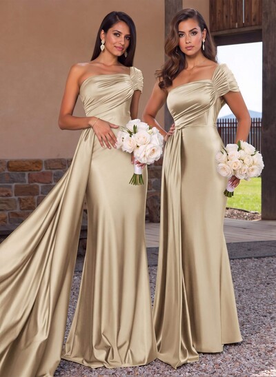Modest Trumpet Ruched One-Shoulder Bridesmaid Dresses With Sweeping Side Drape