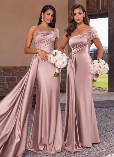 Modest Trumpet Ruched One-Shoulder Bridesmaid Dresses With Sweeping Side Drape