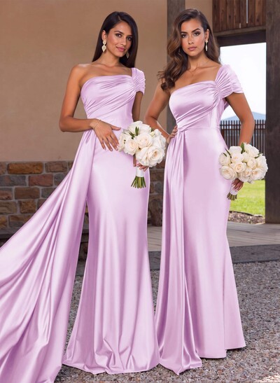 Modest Trumpet Ruched One-Shoulder Bridesmaid Dresses With Sweeping Side Drape