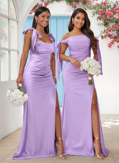 Sweet Square Neckline Tied Straps Satin Bridesmaid Dresses With Split Front