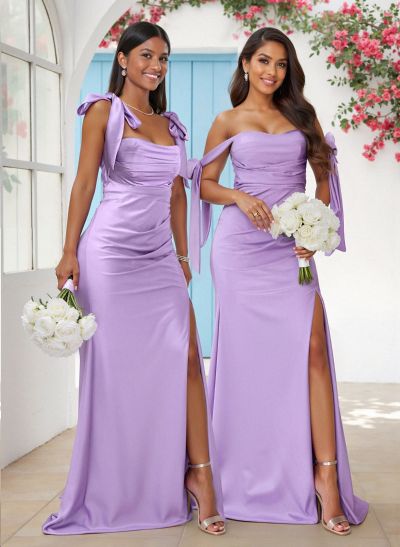 Sweet Square Neckline Tied Straps Crepe Chiffon Bridesmaid Dresses With Split Front