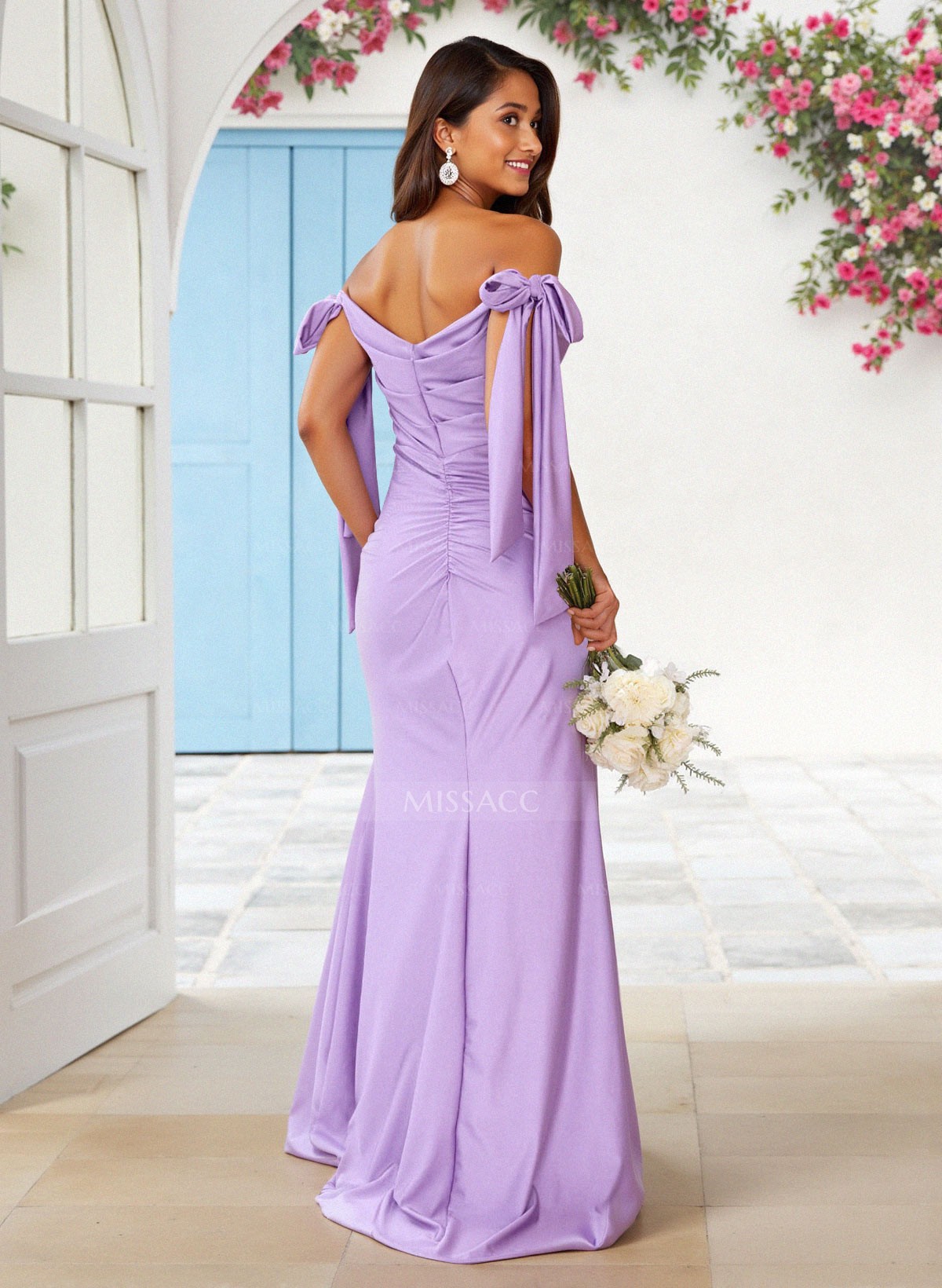 Sweet Square Neckline Tied Straps Crepe Chiffon Bridesmaid Dresses With Split Front