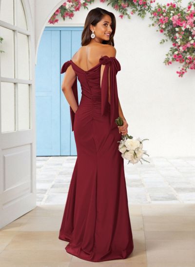 Sweet Square Neckline Tied Straps Crepe Chiffon Bridesmaid Dresses With Split Front