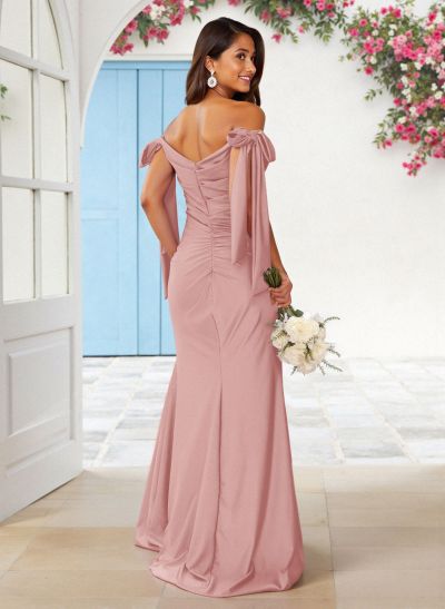 Sweet Square Neckline Tied Straps Crepe Chiffon Bridesmaid Dresses With Split Front