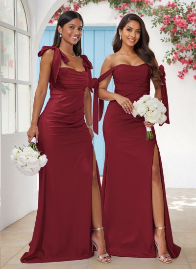 Sweet Square Neckline Tied Straps Crepe Chiffon Bridesmaid Dresses With Split Front