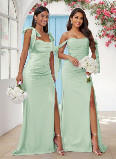 Sweet Square Neckline Tied Straps Crepe Chiffon Bridesmaid Dresses With Split Front