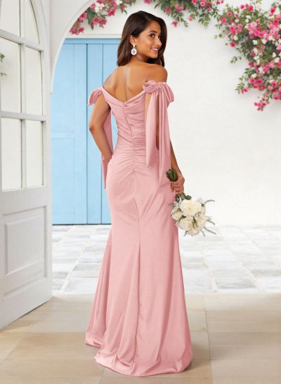 Sweet Square Neckline Tied Straps Crepe Chiffon Bridesmaid Dresses With Split Front