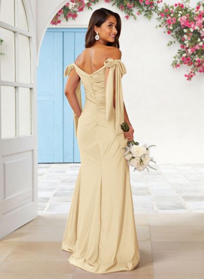 Sweet Square Neckline Tied Straps Crepe Chiffon Bridesmaid Dresses With Split Front
