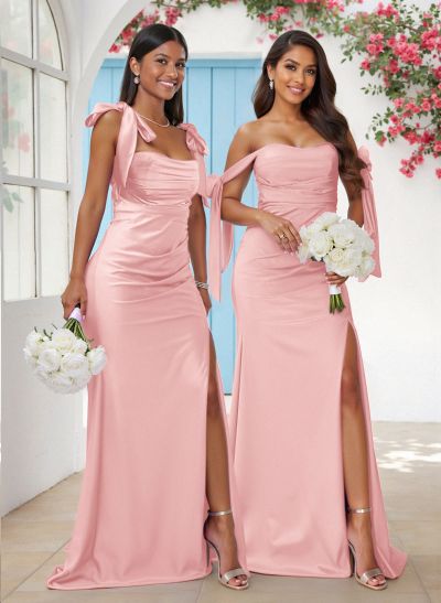 Sweet Square Neckline Tied Straps Crepe Chiffon Bridesmaid Dresses With Split Front