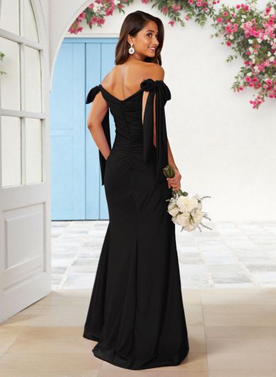 Sweet Square Neckline Tied Straps Crepe Chiffon Bridesmaid Dresses With Split Front