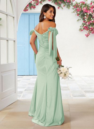 Sweet Square Neckline Tied Straps Crepe Chiffon Bridesmaid Dresses With Split Front