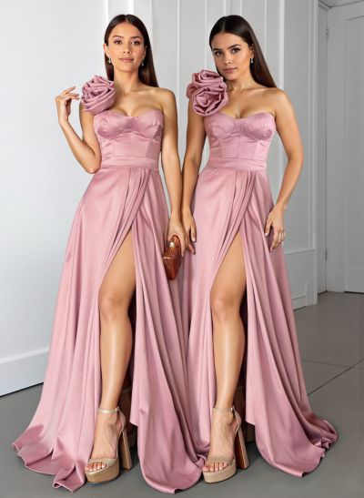 Elegant Flower(s) One-Shoulder A-Line Sweep Train Satin Bridesmaid Dresses