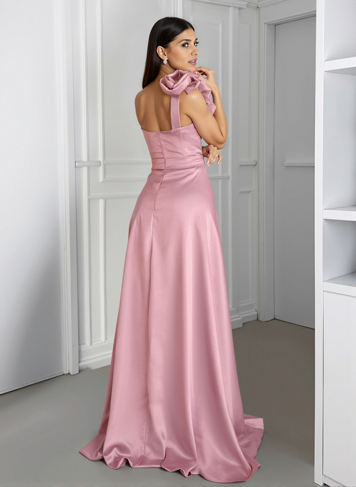 Elegant Flower(s) One-Shoulder A-Line Sweep Train Satin Bridesmaid Dresses