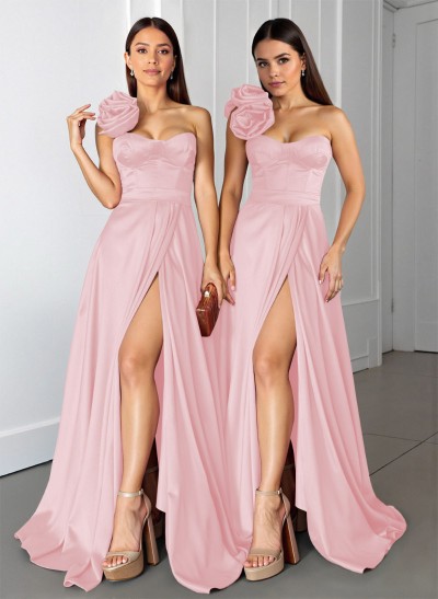 Elegant Flower(s) One-Shoulder A-Line Sweep Train Satin Bridesmaid Dresses