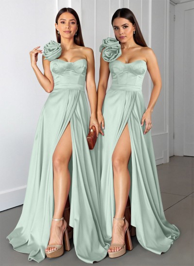 Elegant Flower(s) One-Shoulder A-Line Sweep Train Satin Bridesmaid Dresses