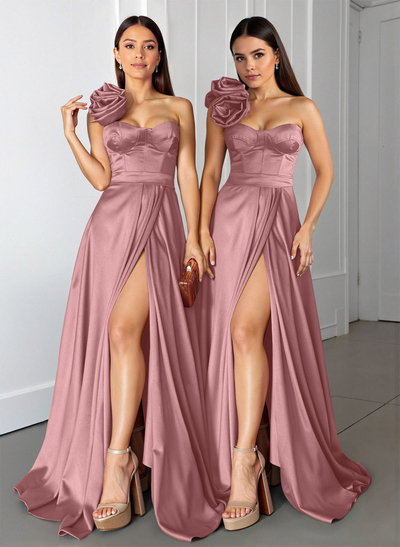 Elegant Flower(s) One-Shoulder A-Line Sweep Train Satin Bridesmaid Dresses