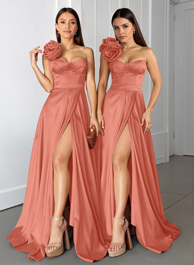 Elegant Flower(s) One-Shoulder A-Line Sweep Train Satin Bridesmaid Dresses