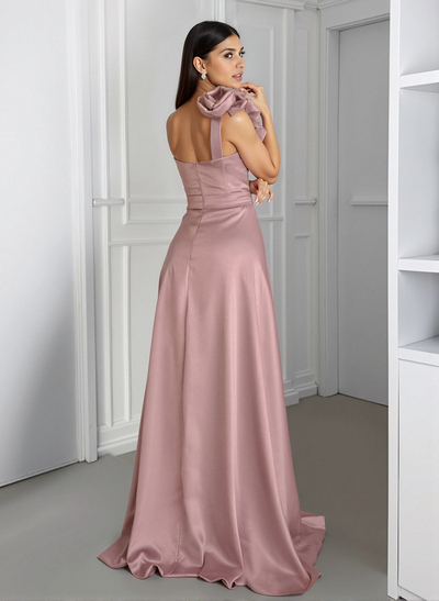 Elegant Flower(s) One-Shoulder A-Line Sweep Train Satin Bridesmaid Dresses