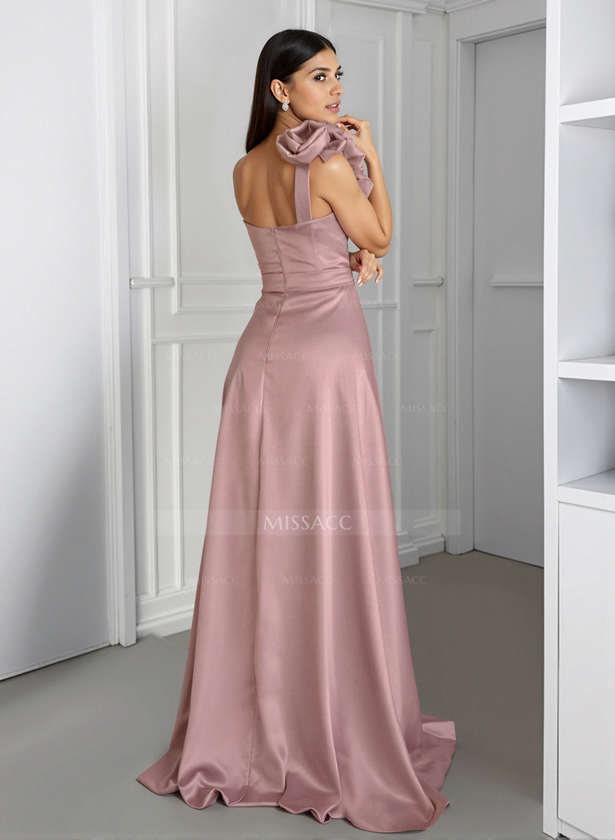 Elegant Flower(s) One-Shoulder A-Line Sweep Train Satin Bridesmaid Dresses