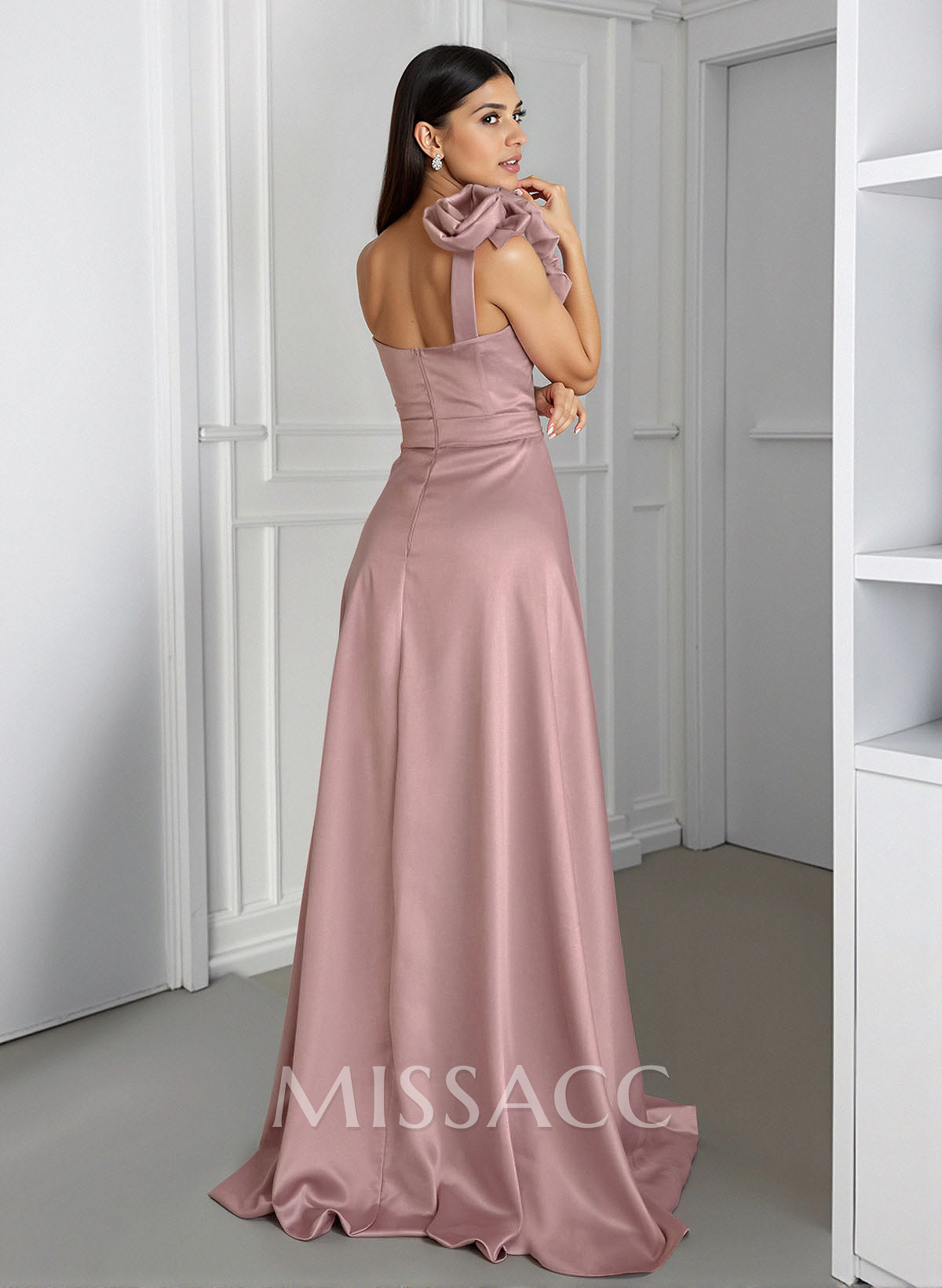 Elegant Flower(s) One-Shoulder A-Line Sweep Train Satin Bridesmaid Dresses