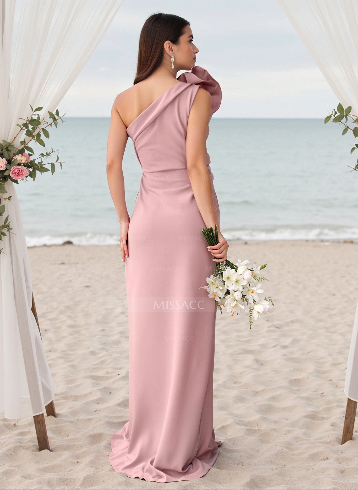 Modest One-Shoulder Sleeveless Elastic Satin Bridesmaid Dresses With 3D Floral