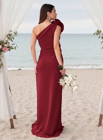 Modest One-Shoulder Sleeveless Crepe Satin Bridesmaid Dresses With 3D Floral