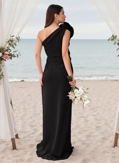 Modest One-Shoulder Sleeveless Crepe Satin Bridesmaid Dresses With 3D Floral