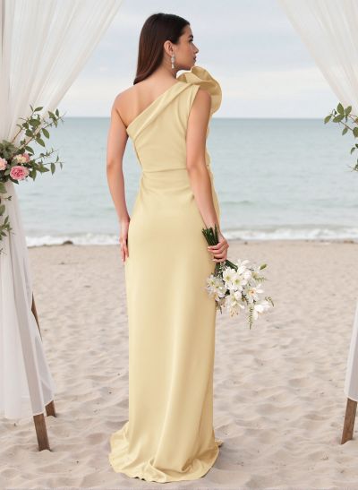 Modest One-Shoulder Sleeveless Crepe Satin Bridesmaid Dresses With 3D Floral