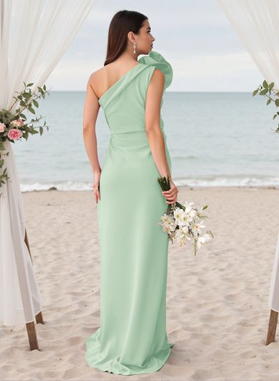 Modest One-Shoulder Sleeveless Crepe Satin Bridesmaid Dresses With 3D Floral