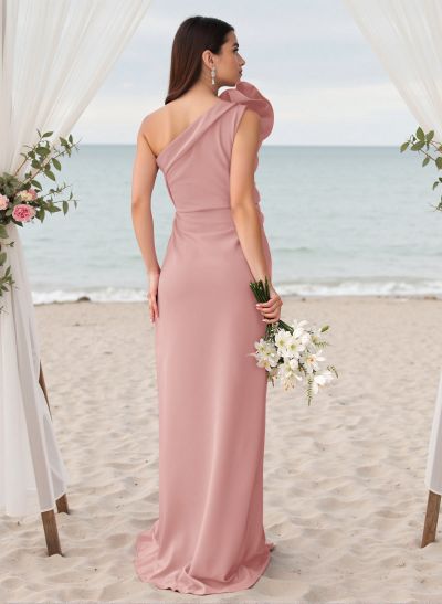 Modest One-Shoulder Sleeveless Crepe Satin Bridesmaid Dresses With 3D Floral