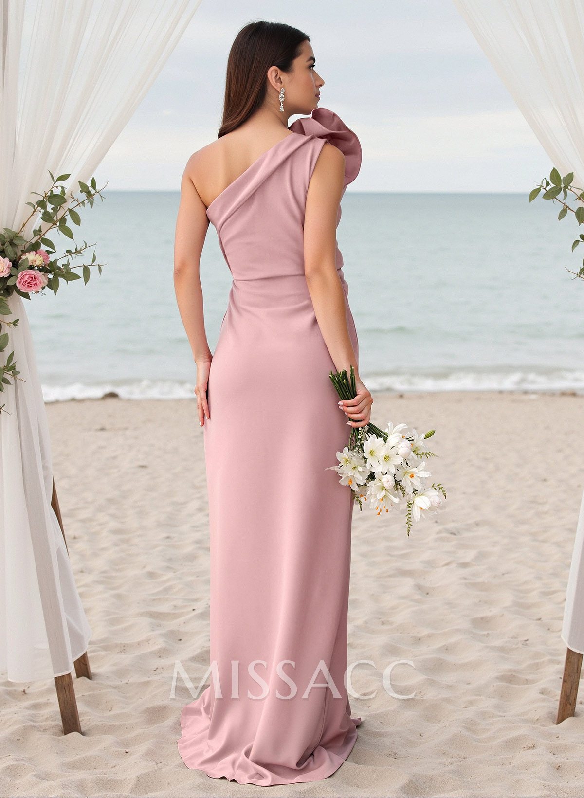 Modest One-Shoulder Sleeveless Crepe Satin Bridesmaid Dresses With 3D Floral