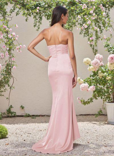 Modest Sweetheart Sleeveless Silk Like Satin Bridesmaid Dresses With Split Front