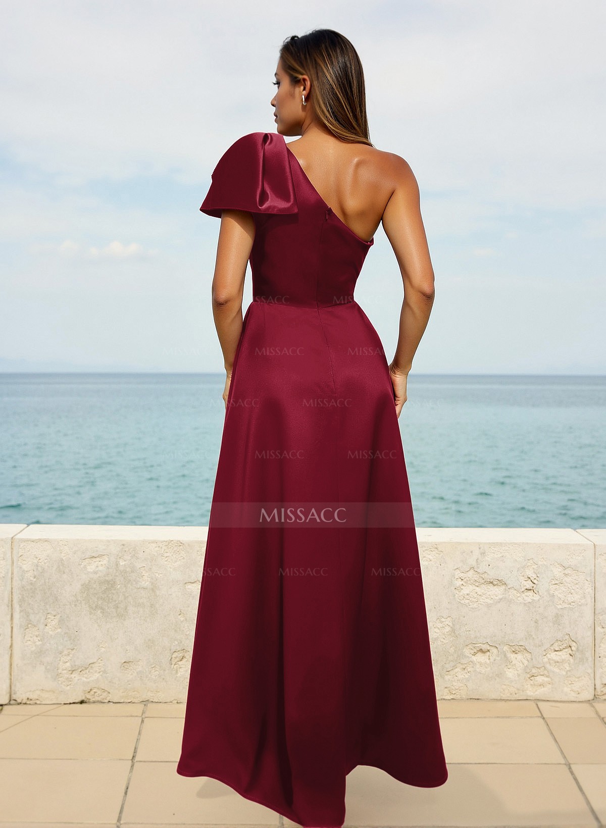 Modest Bow Accented One-Shoulder Satin Bridesmaid Dresses With High Split