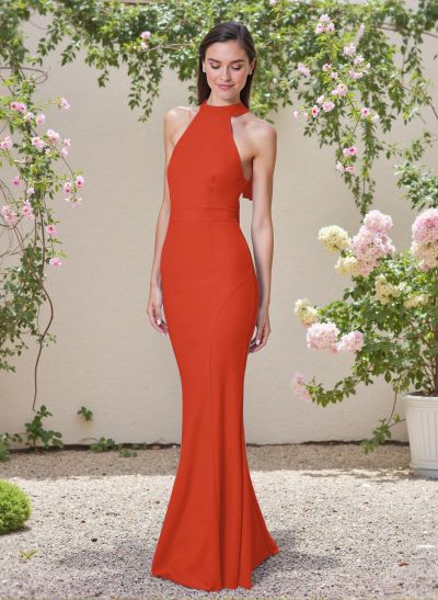 Elegant Trumpet Halter Sleeveless Elastic Satin Bridesmaid Dresses With Bow(s)