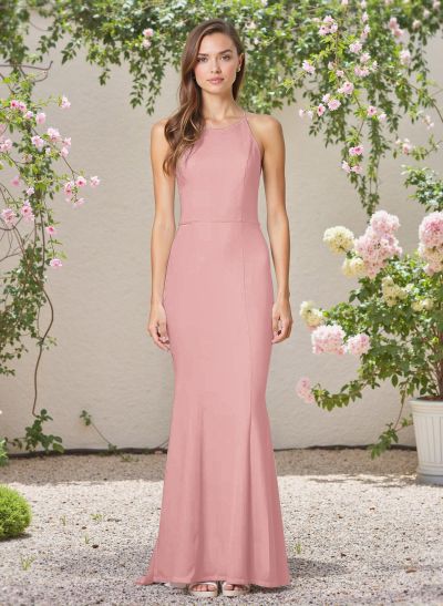 Flattering Trumpet Halter Elastic Satin Bridesmaid Dresses With Lace