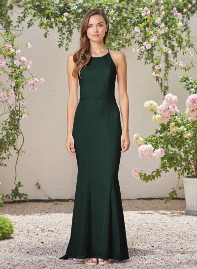 Flattering Trumpet Halter Elastic Satin Bridesmaid Dresses With Lace