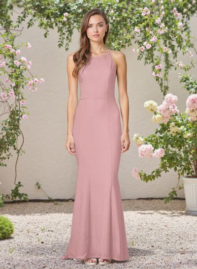 Flattering Trumpet Halter Elastic Satin Bridesmaid Dresses With Lace