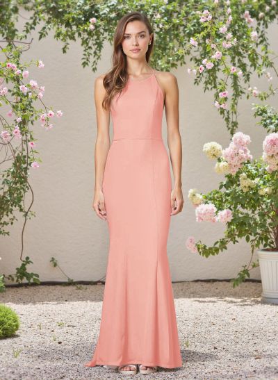 Flattering Trumpet Halter Elastic Satin Bridesmaid Dresses With Lace